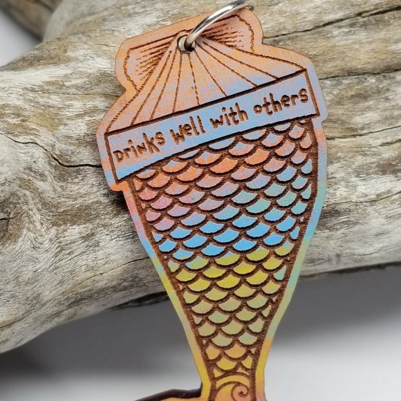 Mermaid Design II  Hand-painted  Solid Cherry Wood with 925 Sterling Silver Loop - Picture 4 of 6